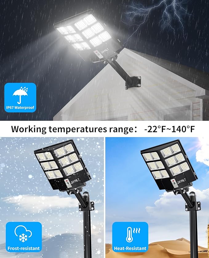 JAYNLT Y-2000W Solar Street Lights, 200000LM 6500K Outdoor Dusk to Dawn, IP67 Waterproof Solar Security Lights with Motion Sensor and Remote Control for Garage, Farm (2-pack)