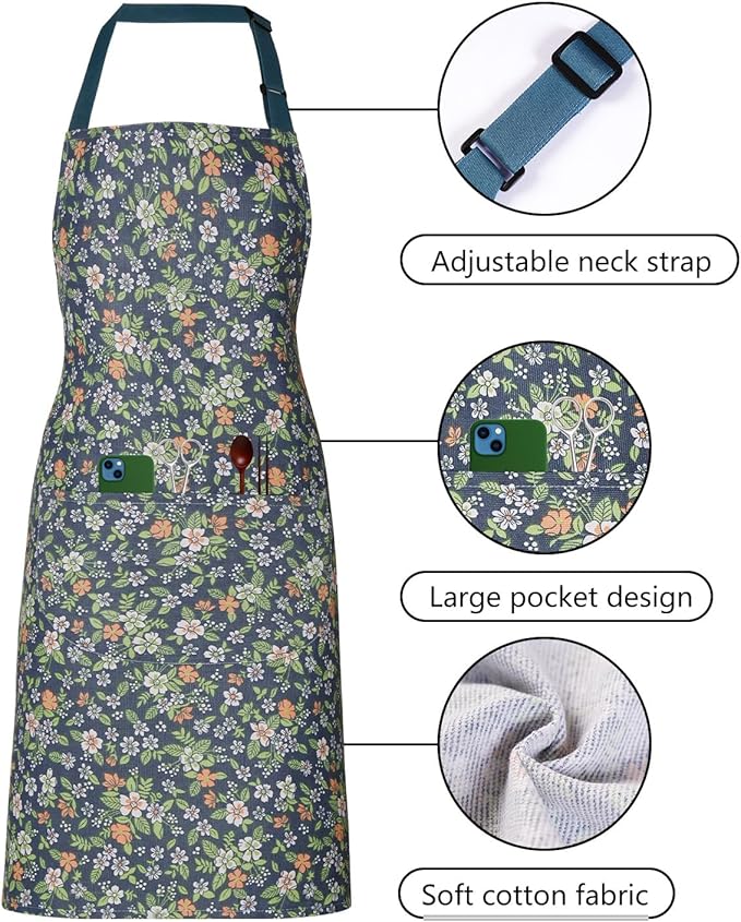 2 Pack Floral Apron for Women with Pockets, Adjustable Cotton Chef Aprons for Kitchen, Cooking, BBQ & Grill