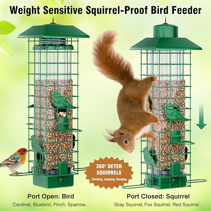 Squirrel Proof Bird Feeder, Metal Bird Feeders for Outdoors Hanging, Weight Activated, 3Lb Capacity, 4 Ports, All-Weather Tube Bird Feeder for Outside, Cardinal Finch Bluebird Wild Bird Feeder