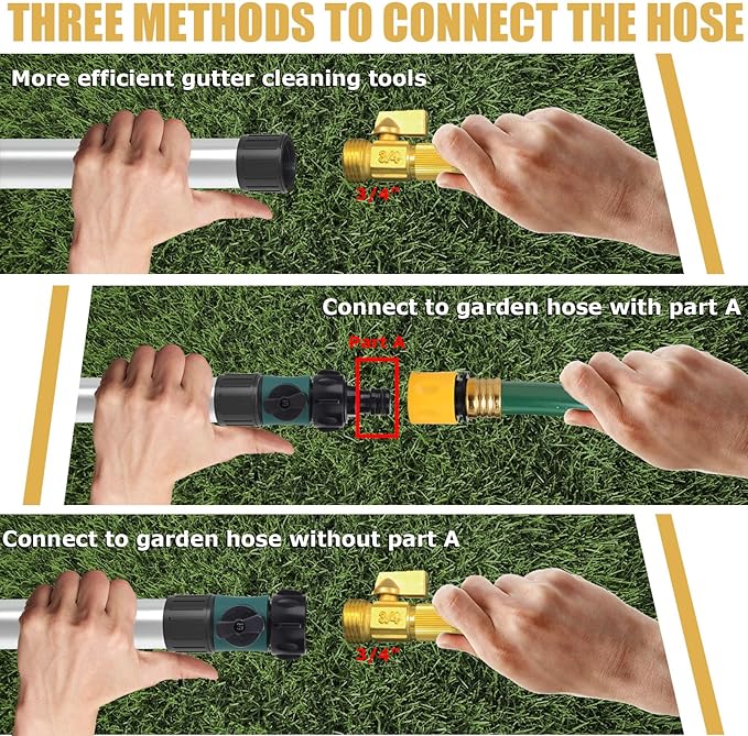 24ft Reach Gutter Cleaning Tools From The Ground, 16ft Telescopic Gutter Cleaner Tools, Rain Gutters Cleaning Tool With Garden Hose Attachment and Bendable Wand