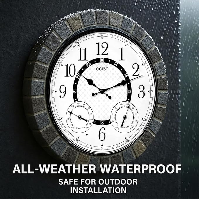 OCEST 18 Inch Large Outdoor Clock Waterproof Thermometer Hygrometer Combo Night Light Illuminated Wall Clocks Battery Operated Silent Non-Ticking Ideal Patio Clock for Garden Pool Porch Yard Garage