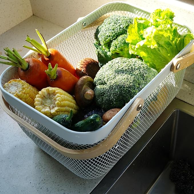 Metal Mesh Steel Harvest Basket, Rectangle Wire Garden Basket with Handle – Multi-Functional Storage Organizer for Gathering Vegetables, Fruits, Kitchen, Garden, Picnic & Cabinet (Blue)