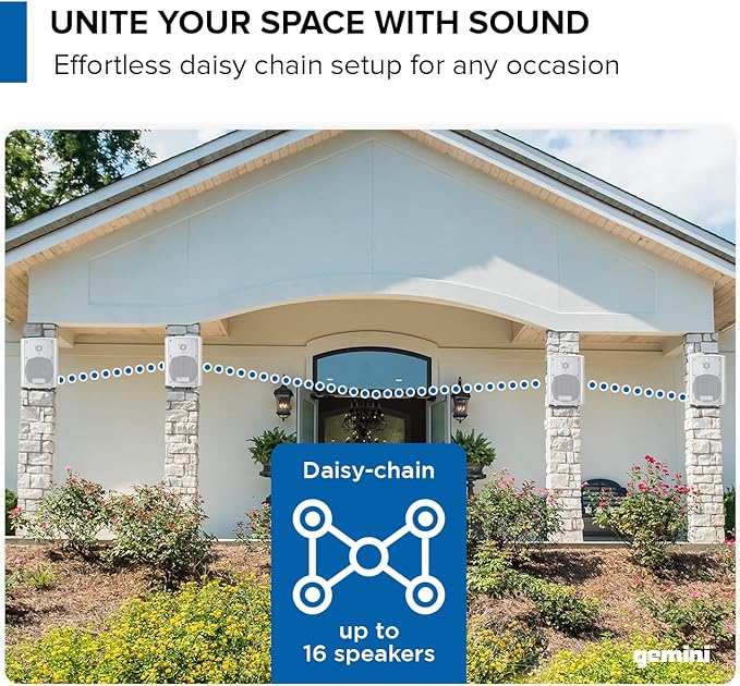 Gemini Sound GHSI-W650BT 6.5" Outdoor Bluetooth Speakers – Wired Powered IP44 Waterproof Wall Mount Pair for Patios, Rust-Proof Aluminum Grills, Expandable to 16 Speakers, Immersive Sound (White)