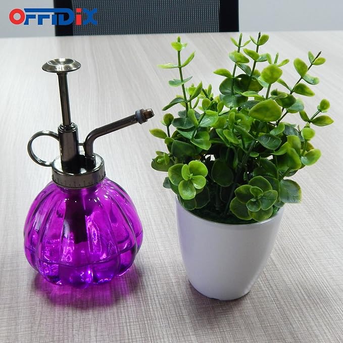 OFFIDIX Glass Watering Spray Bottle, 6.3" Tall Vintage Style Plant Mister with Bronze Plastic Top Pump One Hand Watering Can Glass Spary Bottle (Dark Purple)