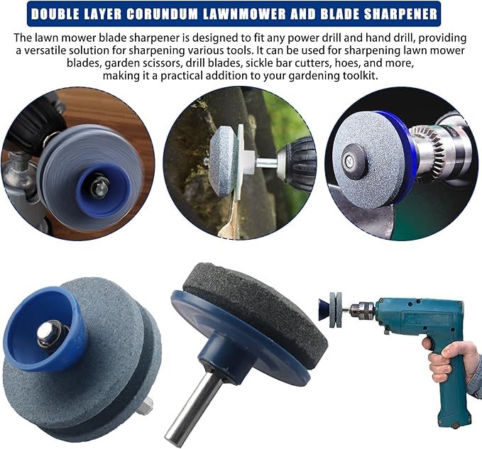 Double Layer Corundum Lawnmower,Blade Sharpener Lawn Mower Blade Sharpener,Blade Balancer Compatible with Any Power Drill/Hand Drill Universal Wear Resistant Mower Blade Sharpener