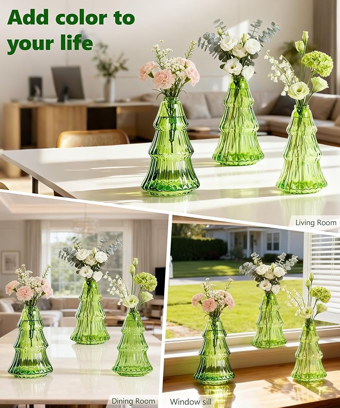 Nacome 3Pcs Tree-Shaped Glass Plant Terrarium,Planter Propagation Station Christmas Tree Decorations for Hydroponics Home Office, Unique Gifts for Plant Lovers Women Mom(Green)