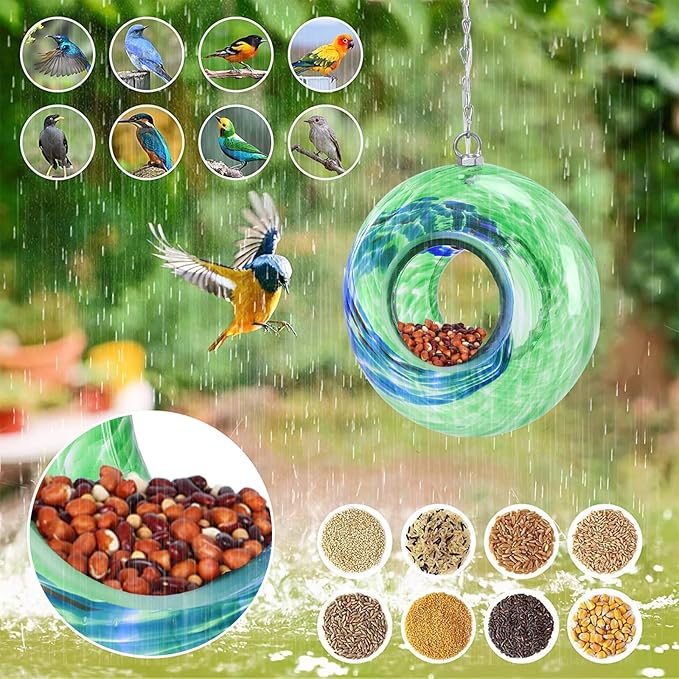 Yinns Glass Bird Feeders, Hanging Fly Through Birds Feeder for Outsiade, Solar Birdfeeder for Garden Decor Bird Lvoers Gifts, 8-Inch（Green）
