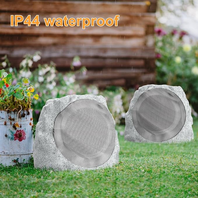 Outdoor Speakers Solar Powered & USB-C Charging Rock Speaker TWS Pairing Wireless Outdoor Speaker Bluetooth 5.4, LED Light Show, Waterproof, ideal for Backyard BBQ, Garden, Poolside (2-Pc,Grey)