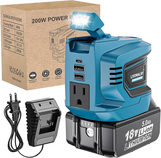 200W Power Inverter for Makita 18V, Battery Inverter DC 18V to AC 110V-120V, Portable Power Station Power Adapter with a 5AH Battery & Charging Station, with 2 USB-A & 1 Type-C & 1 AC Ports