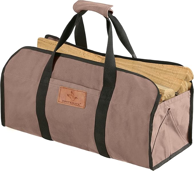 WHITEDUCK TUFF Large Firewood Carrier 21 Oz. Heavy Duty Waxed Canvas Fireplace Log Carrier Holders for Carrying Wood Indoors & Outdoor (Brown, Tote Shape (23"x10"x12"))