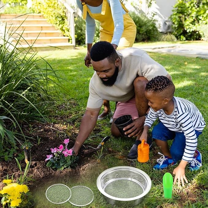 Soil Sieve Sifter Set, Stainless Steel, 3 Interchangeable Mesh Screens (3,6,9mm), Garden Sieve Set, Sifting Screen for Dirt, Sand, Rock, Compost, with Soil Scoops Gardening Tool