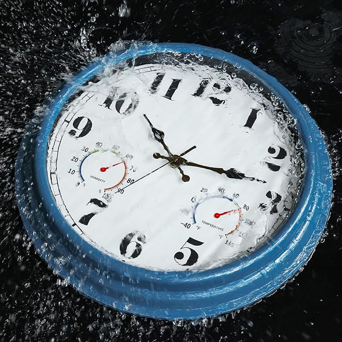 JENLYSTIME 16 Inch Blue Vintage Waterproof Indoor/Outdoor Wall Clock with Thermometer & Hygrometer, Large Numerals & Silent Sweep Movement - Ideal for Porch, Garden, Pool, Bathroom