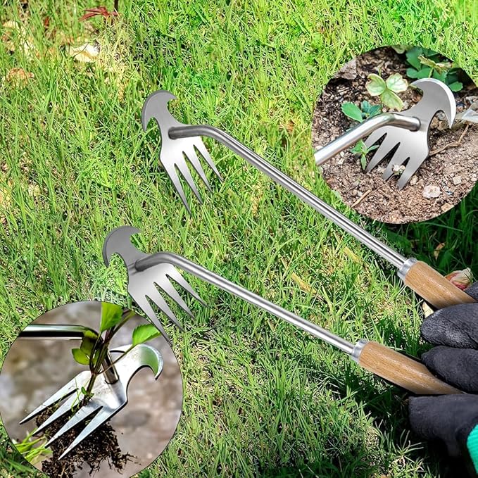 2pack 16inch Weed Puller Tool,Weeding Tool,4 Teeth Stainless Steel Hand Weeder for Effortless Weeding,Portable Uprooting Tool for Vegetable Gardening,Backyard,Farm (Wooden Handle&Stainless Steel)