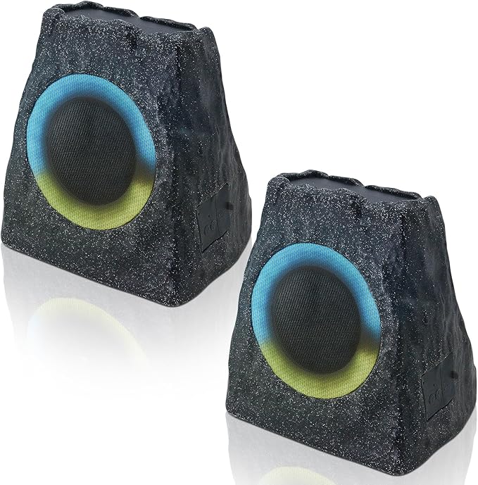 2-Pack Rock Speakers Outdoor Water-Resistant Solar Powered Patio Speaker with 3 Mode Lights and Pair System and USB Rechargeable for Pool Outside Garden Yard Deck