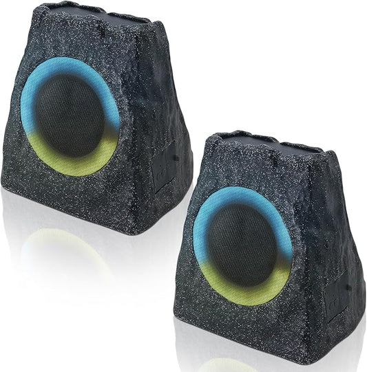 2-Pack Rock Speakers Outdoor Water-Resistant Solar Powered Patio Speaker with 3 Mode Lights and Pair System and USB Rechargeable for Pool Outside Garden Yard Deck
