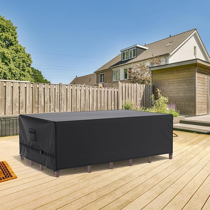 Patio Furniture Covers, Gorpche Outdoor Furniture Covers Waterproof, Tear-Resistant Patio Table and Chair Set Cover with Upgraded Fastener Windproof Buckle Straps, Heavy Duty, 90"L× 62"W×28"H, Black