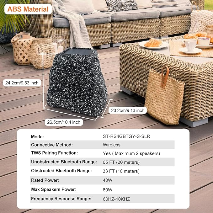 STUDIOFINIX 4" Outdoor Rock Speaker Waterproof Bluetooth Wireless Solar Powered with Rechargeable Battery for Patio, Deck, Pool, Garden(Single, Gray)