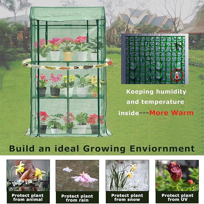 Mini Greenhouse for Indoor Outdoor, Small Plastic Plant Green House Rack Stand Portable Greenhouses with Durable PE Cover for Seedling 60 "x 35"x 16",20 Pcs T-Type Plant Tags Include（PLGH4053G）