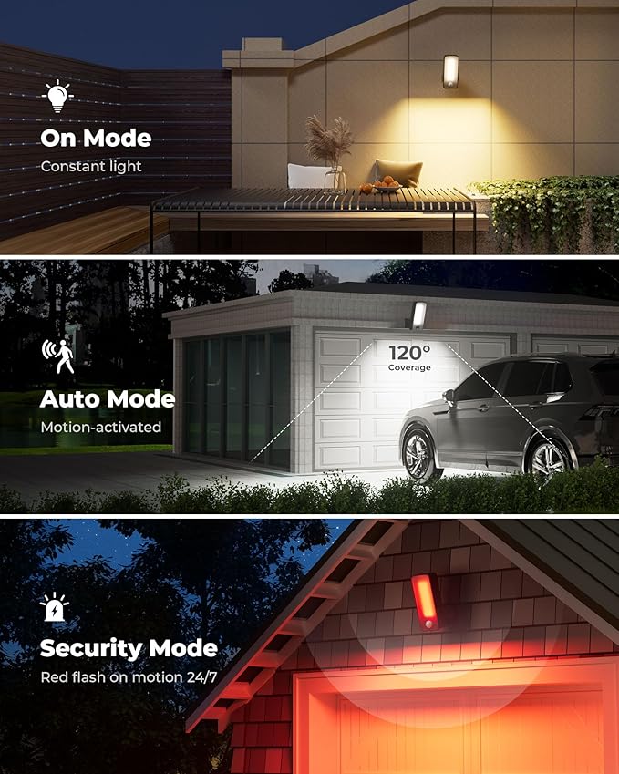 2 Pack Motion Sensor Outdoor Lights, 10000mAh Rechargeable 600 Lumen Battery Operated Outdoor Wall Lights with 3 Modes, 3 Colors, IP65 Waterproof Outdoor Security Lights for Fences, Garage, Patio