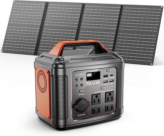 Portable Power Station, 300W 296Wh Solar Generator Quick Charge / 110V AC Outlets/DC Ports and LED Flashlight, solar panel 60W for Home Outdoor Travel Camping Blackout