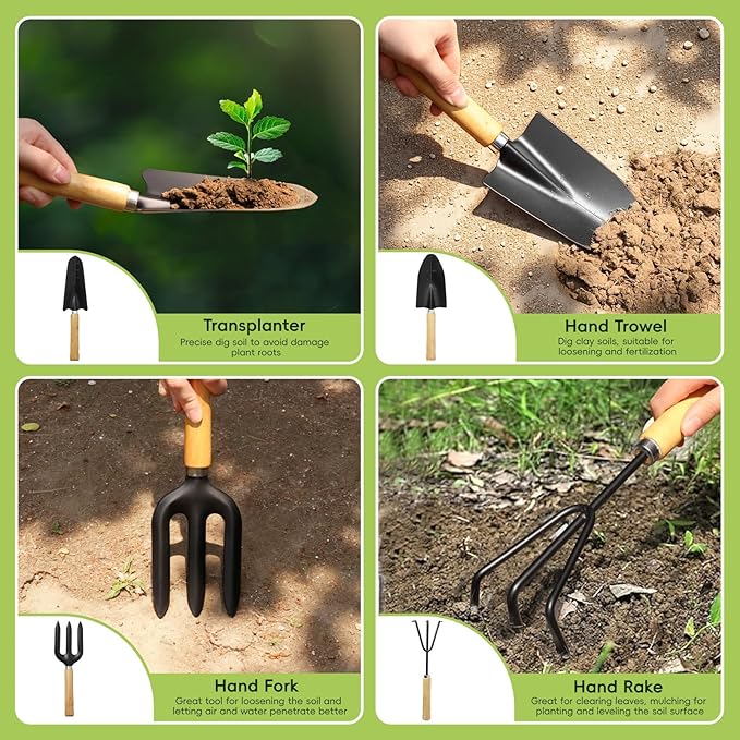 9-Piece Gardening Tool Set, Heavy Duty Garden Tool Set with Wood Handle, Premium & Durable Hand Tools Gardening Kit with Stylish Handbag, Gardening Gifts for Women