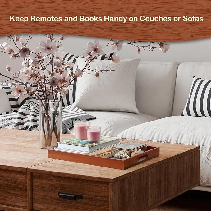 17 Inch Brown Serving Tray with Handles, Large Wooden Tray for Ottoman, Breakfast in Bed, Coffee Table, Dinner, Rectangular Wood Tray for Living Room Bedroom Entryway and Kitchen