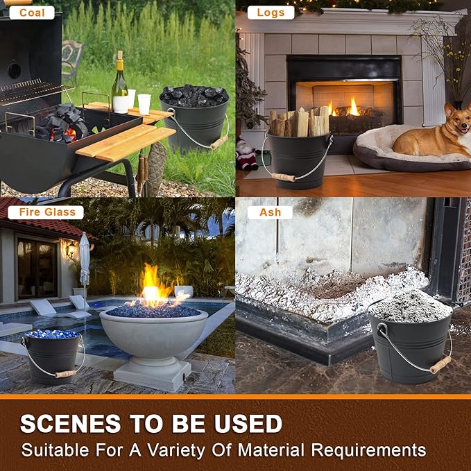 Poofzy Ash Bucket with Lid and Shovel, 1.3 Gallon Fireplace Bucket for Ashes, Includes Hand Broom and Gloves for Fire Pit, Wood Burning Stove and Grill