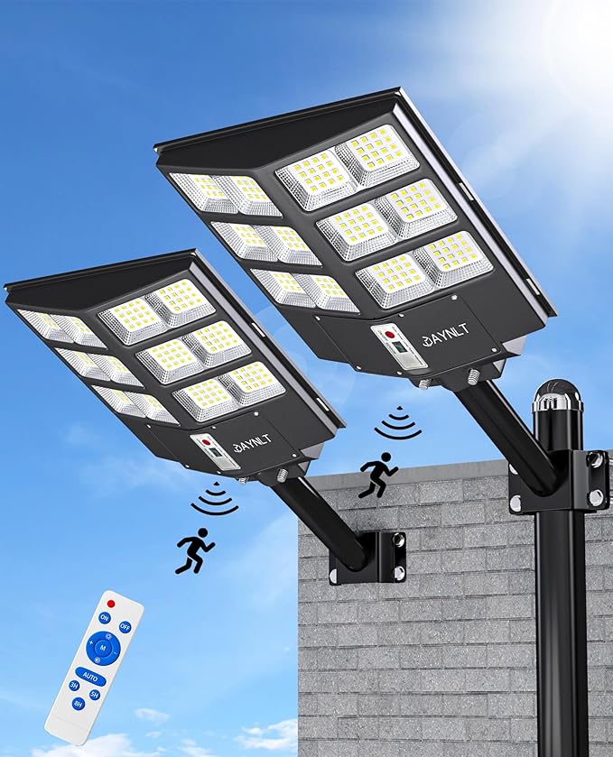 JAYNLT Y-2000W Solar Street Lights, 200000LM 6500K Outdoor Dusk to Dawn, IP67 Waterproof Solar Security Lights with Motion Sensor and Remote Control for Garage, Farm (2-pack)