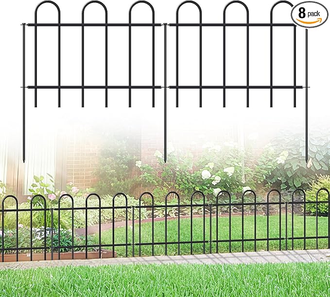 Metal Garden Fence 18 in H x 16 ft L, No dig Garden Border Yard Fencing, Dog Fence Outdoor Temporary Animal Barrier for Flower Bed Lawn and Patio, 8 Panels + 9 Stakes Black