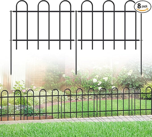 Metal Garden Fence 18 in H x 16 ft L, No dig Garden Border Yard Fencing, Dog Fence Outdoor Temporary Animal Barrier for Flower Bed Lawn and Patio, 8 Panels + 9 Stakes Black