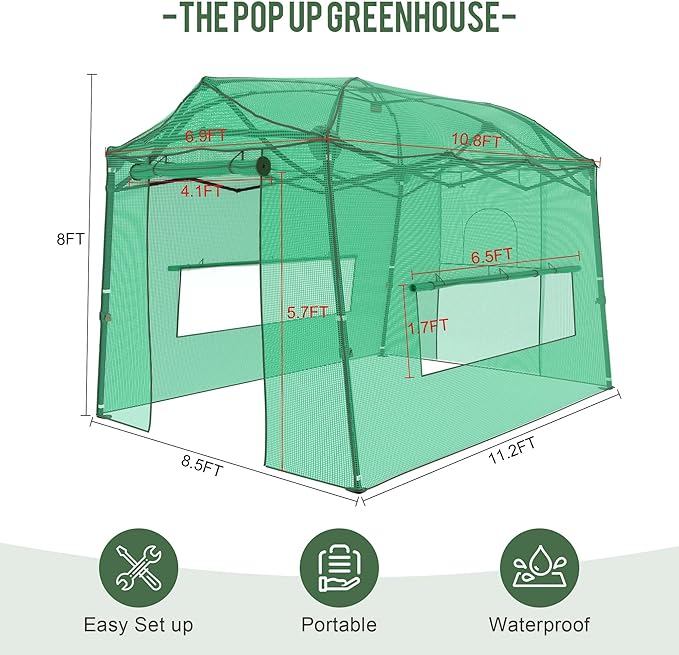 11 x 8.5 FT Walk-in Greenhouse, Portable Pop-up Green House 3 Adjustable Hights Heavy Duty Plant Gardening Canopy with Durable PE Cover for Indoor Outdoor (Clear and Green)