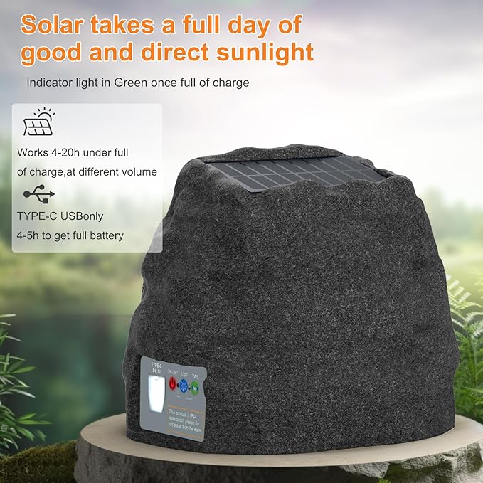 Outdoor Speakers Solar Powered & USB-C Charging, Rock Speaker TWS Pairing Wireless Outdoor Speaker Bluetooth 5.4, LED Light Show, Waterproof, ideal for Backyard BBQ, Garden, Poolside(2-Pc,Black)