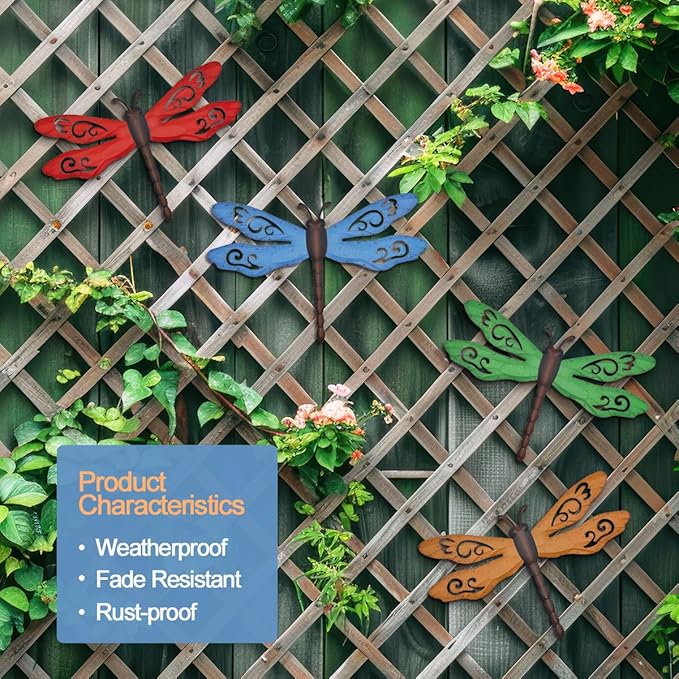 Metal Dragonfly Wall Decor, 4 Pack 14inch Retro Metal Dragonfly Wall Hanging Sculpture Decor for Outdoor, Yard Patio Fence Garden Outside Decorations