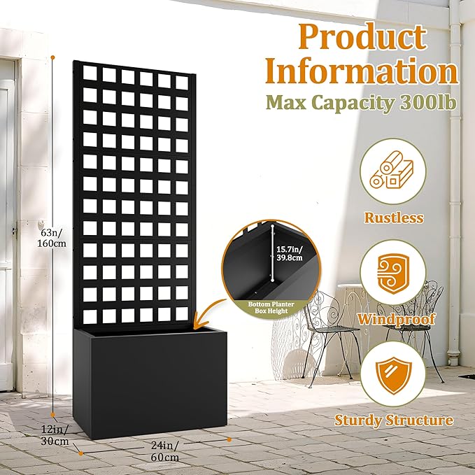 Metal Planter Box with Trellis, Heavy-Duty Raised Garden Bed for Climbing Plants, Drainage Hole, Outdoor Planter Box with Privacy Screen，24''L×12''W×63''H