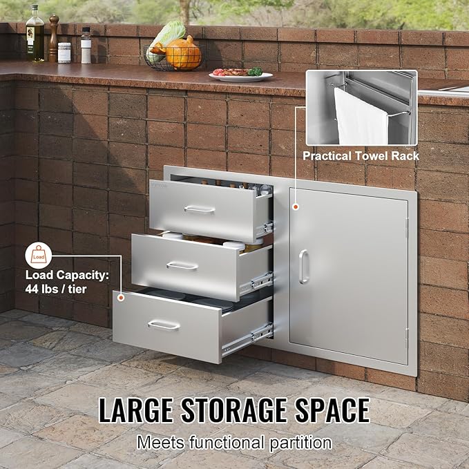 VEVOR BBQ Island Drawers 38.1W x 22.6H x 20.8D, Outdoor Kitchen Door Drawer Combo Cabinets, BBQ Access Door/Triple Drawers Combo, Stainless Steel Handles, Perfect for BBQ Island Patio Grill Station