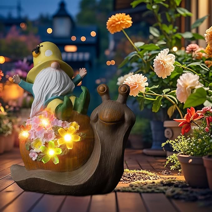 Solar Garden Outdoor Statue Snail Gnome with Succulent and LED Light - Patio,Lawn,Garden,Tortoise Statue for Patio,Unique Housewarming Gifts