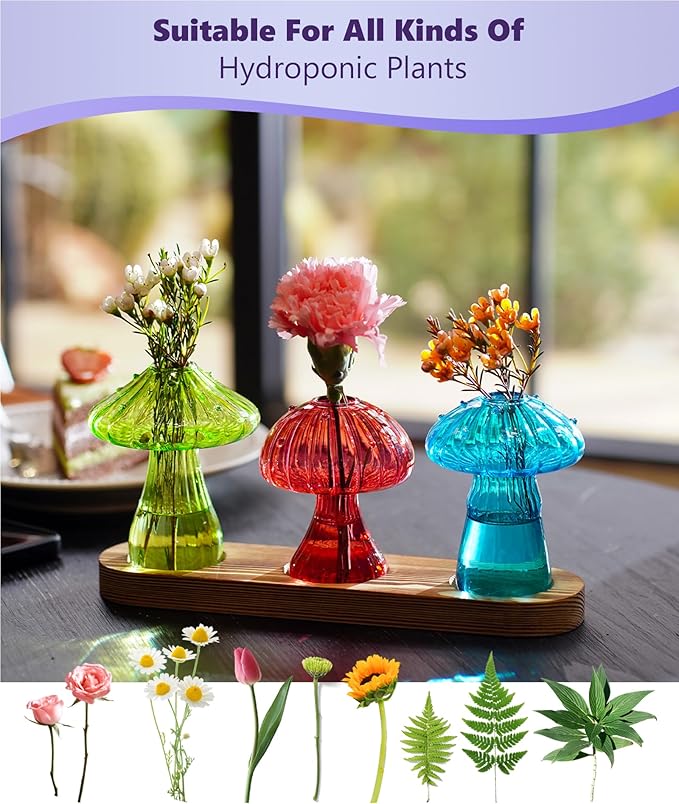 Nacome Mushroom Glass Propagation Station for Plants: Set of 3 Colored Vases Terrarium Kit for Home Office Indoor Hydroponics Decor - Birthday Gifts for Women Mom Grandma