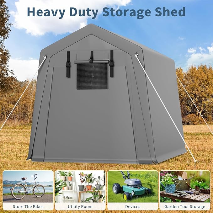 Garvee 6'x8' Outdoor Portable Storage Shed, Waterproof & UV-Resistant Garage Shelter with 2 Roll-Up Zipper Doors, Anti-Snow Carport Tent for Motorcycle, Bike, and Outdoor Equipment, Gray