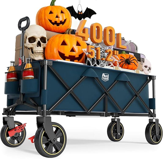 TIMBER RIDGE 51.2'' Extended Collapsible Wagon Cart with Brakes and Cargo Net, 500LBS Heavy Duty Foldable Utility Wagon with Adjustable Handle, 400L Capacity Portable Cart for Camping Sports Shopping