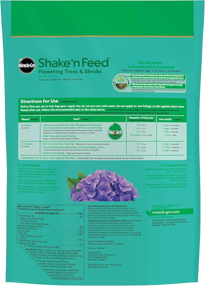 Miracle-Gro Shake 'N Feed Flowering Trees and Shrubs Plant Food, For In-Ground and Container Plants, Acid-Loving Flowering Plants, 8 lbs.