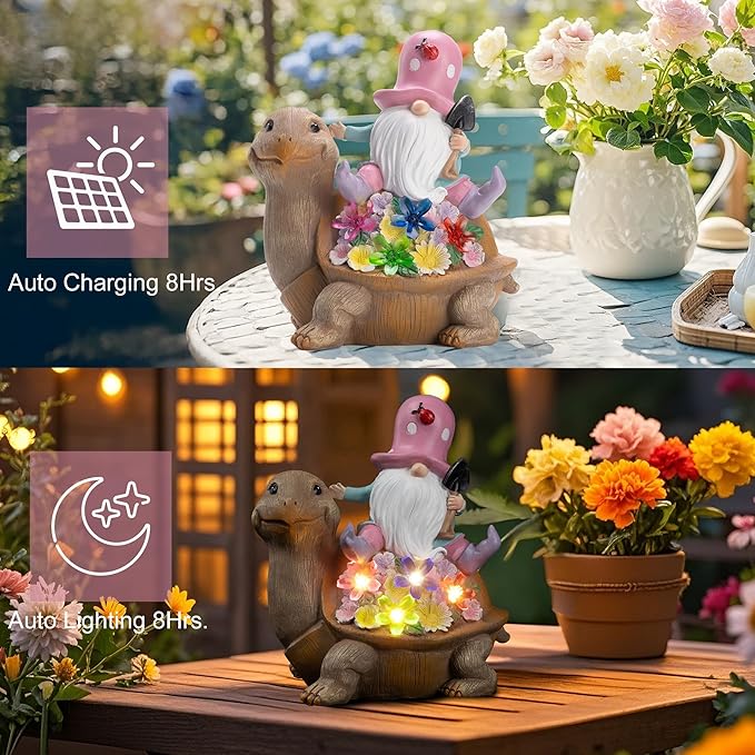 Solar Garden Outdoor Statue Turtle Gnome with Succulent and LED Light - Patio,Lawn,Garden,Tortoise Statue for Patio,Unique Housewarming Gifts