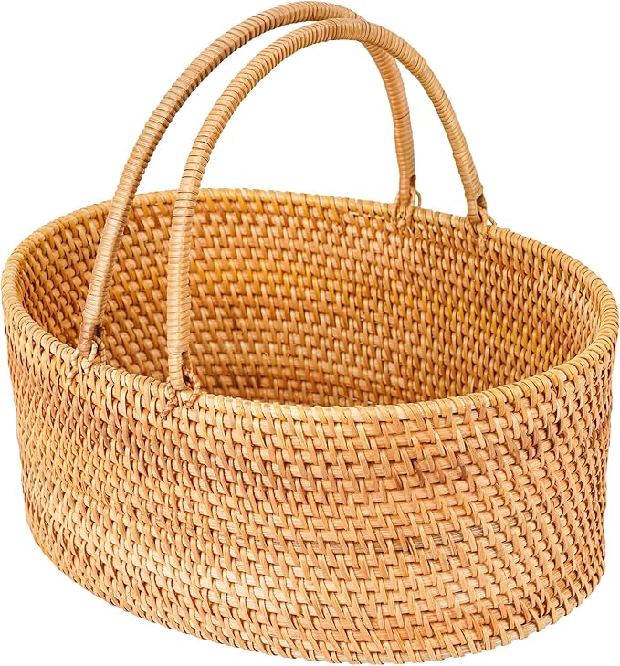 14"×10.2"×6" Rattan Picnic Basket with Handles, Large Oval Gift Basket, Hand-Woven Basket for Fruit, Empty Gift Basket for Festival, Wedding, Camping