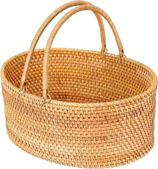 14"×10.2"×6" Rattan Picnic Basket with Handles, Large Oval Gift Basket, Hand-Woven Basket for Fruit, Empty Gift Basket for Festival, Wedding, Camping