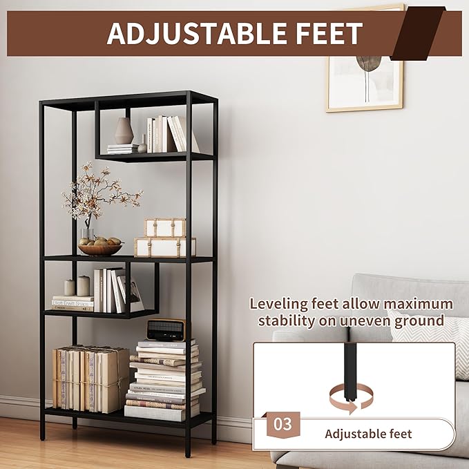 Metal Storage Shelving Unit, Decorative Geometric Bookcase, Modern Freestanding Display Shelves, Tall Book Shelf Unit for Living Room Bedroom Office, Easy Assembly