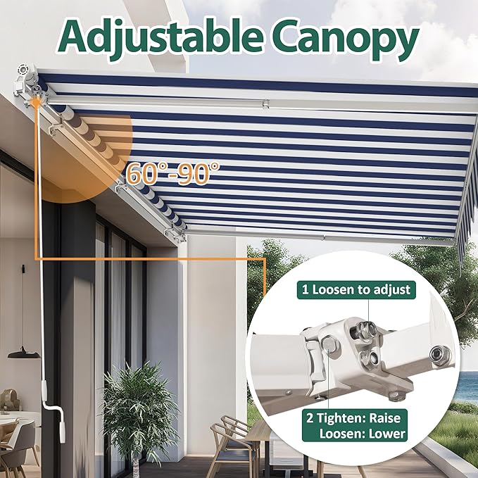 MCombo 11.5x9.5 Feet Manual Retractable Patio Door Window Awning Sunshade Shelter Outdoor Canopy,1210 (Ocean Blue with White Stripes, 11.5'(L) x 9.5'(W))
