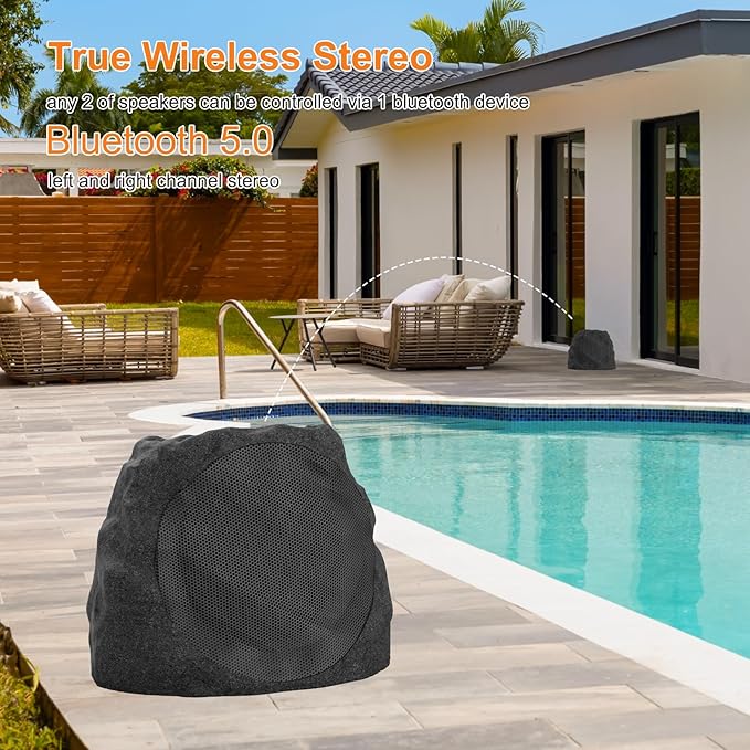 Outdoor Speakers Solar Powered & USB-C Charging, Rock Speaker TWS Pairing Wireless Outdoor Speaker Bluetooth 5.4, LED Light Show, Waterproof, ideal for Backyard BBQ, Garden, Poolside(2-Pc,Black)