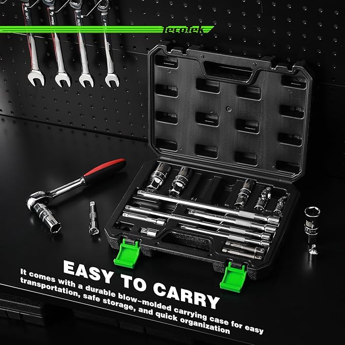 17-Pieces Drive Tool Accessory Set, Spark Plug Socket Set, Includes 1/4" & 3/8” Drive Extension Bar, Socket Adapter, Universal Joints, Spark Plug Sockets, Professional Socket Accessories, Cr-V