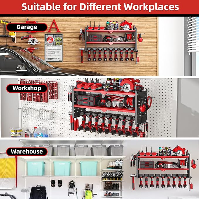 Power Tool Organizer Wall Mount with 9 Drill Holder, Cordless Tool Organizer and Storage Rack, Garage Heavy Duty Metal Shelf Organization for Battery, Tool Box, Hammer, Screwdriver（Red）