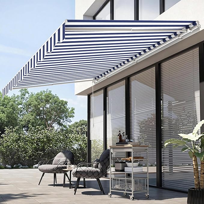 MCombo 11.5x9.5 Feet Manual Retractable Patio Door Window Awning Sunshade Shelter Outdoor Canopy,1210 (Ocean Blue with White Stripes, 11.5'(L) x 9.5'(W))