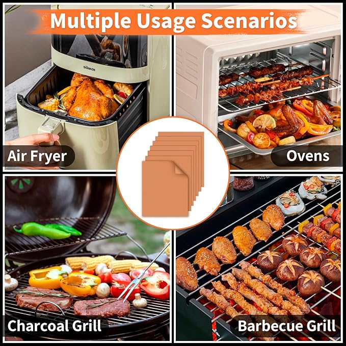 WIBIMEN Grill Mats for Outdoor Grill, Copper 7pcs Grill Mat, 100% Non-Stick PFOA Free 15.75 x 13", Heavy Duty, Reusable and Easy to Clean - Gas Charcoal & Electric BBQ